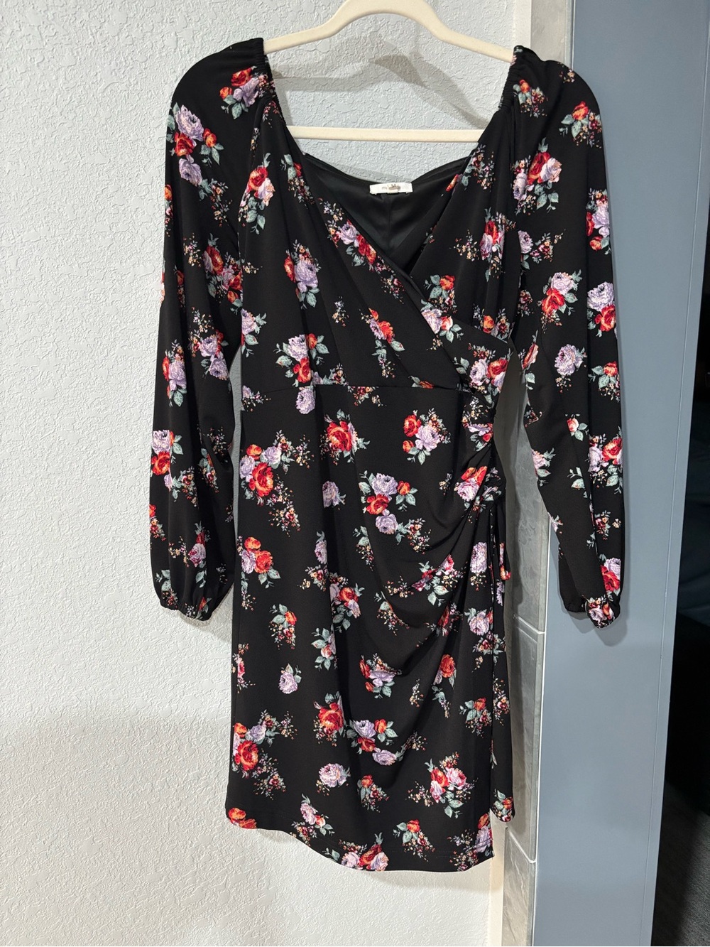 Maurices Black Floral Wrap-Style Long Sleeve Dress